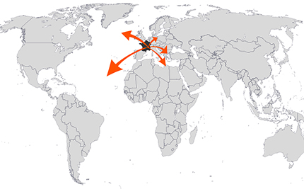 world map showing that Syveco is based in France and exports products to European, African, and Middle Eastern markets