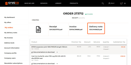 possibility de download the delivery note from the orderin the customer account