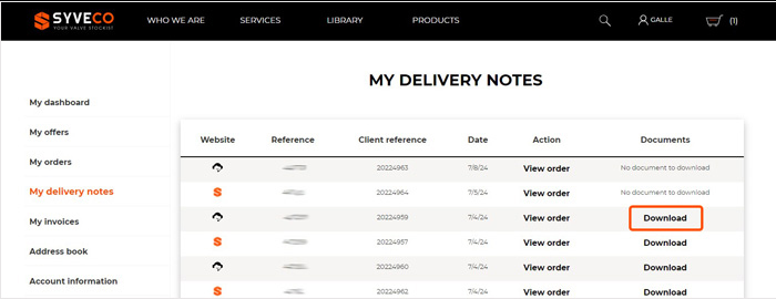 you can download the delivery notes from My delivery notes section of the customer account