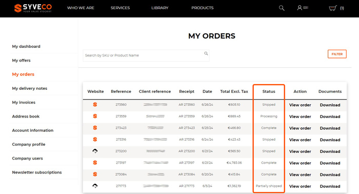 screenshot with order history and order status (shipped, complete, etc).