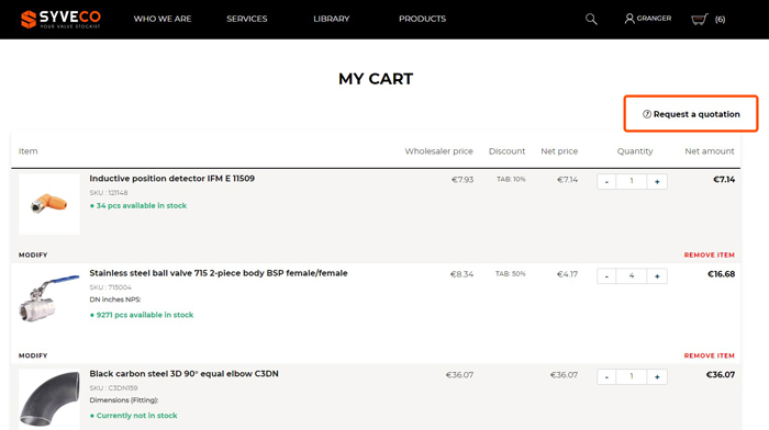 screenshot of a cart with the Request quotation link