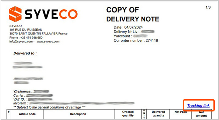 screenshot of a delivery note with tracking link