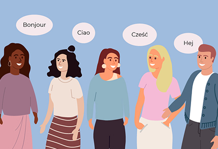 illustration of a multicultural team saying hello in different languages, go to the page presenting the Syveco Team